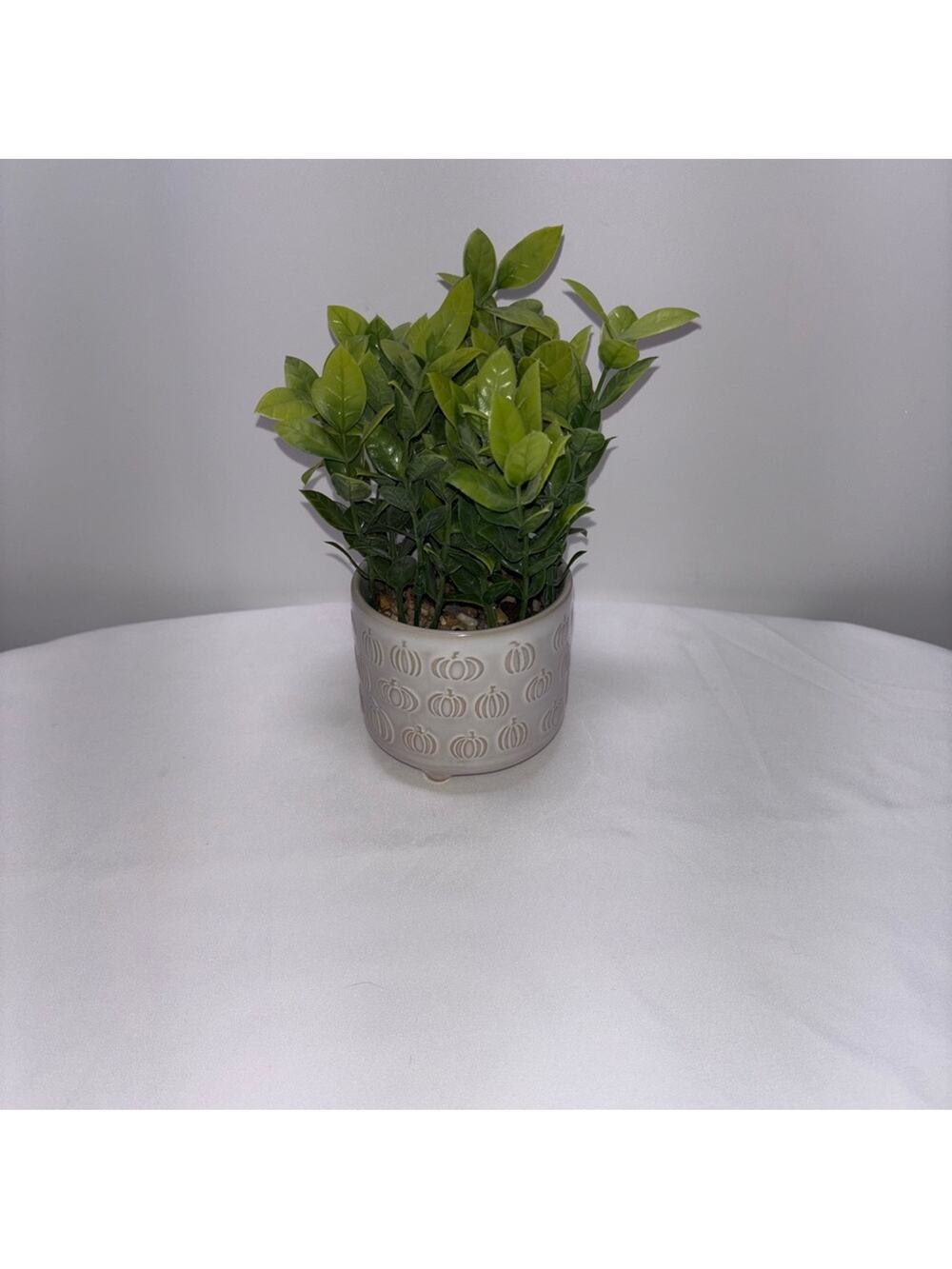 Green Artificial Plant in White Pot with Pumpkin Accents